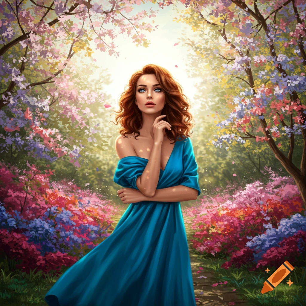 A woman with long reddish-brown hair and blue eyes, wearing a flowing blue dress, stands in a vibrant, sun-dappled garden filled with colorful flowers.