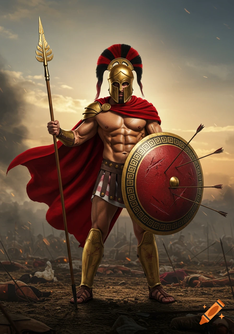 A muscular Spartan warrior in golden armor and red cape holds a spear and a shield riddled with arrows on a battlefield.
