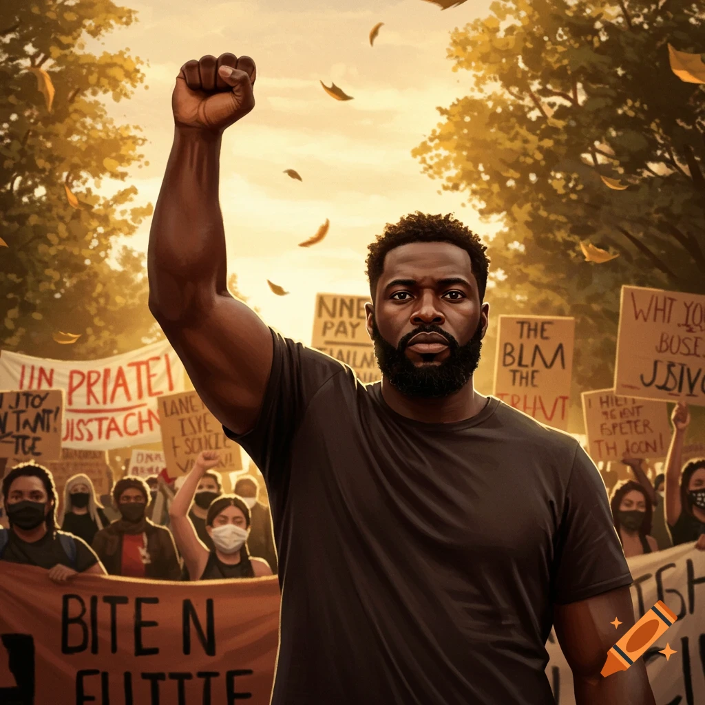 A powerful illustration of a Black man with a raised fist, leading a protest with signs and banners in a golden-hour setting.