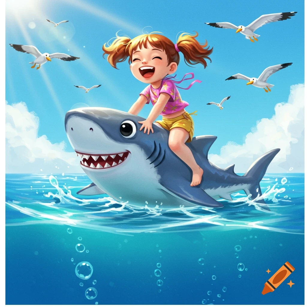 A cheerful cartoon girl with pigtails rides a smiling baby shark through the bright blue ocean, with seagulls flying above.