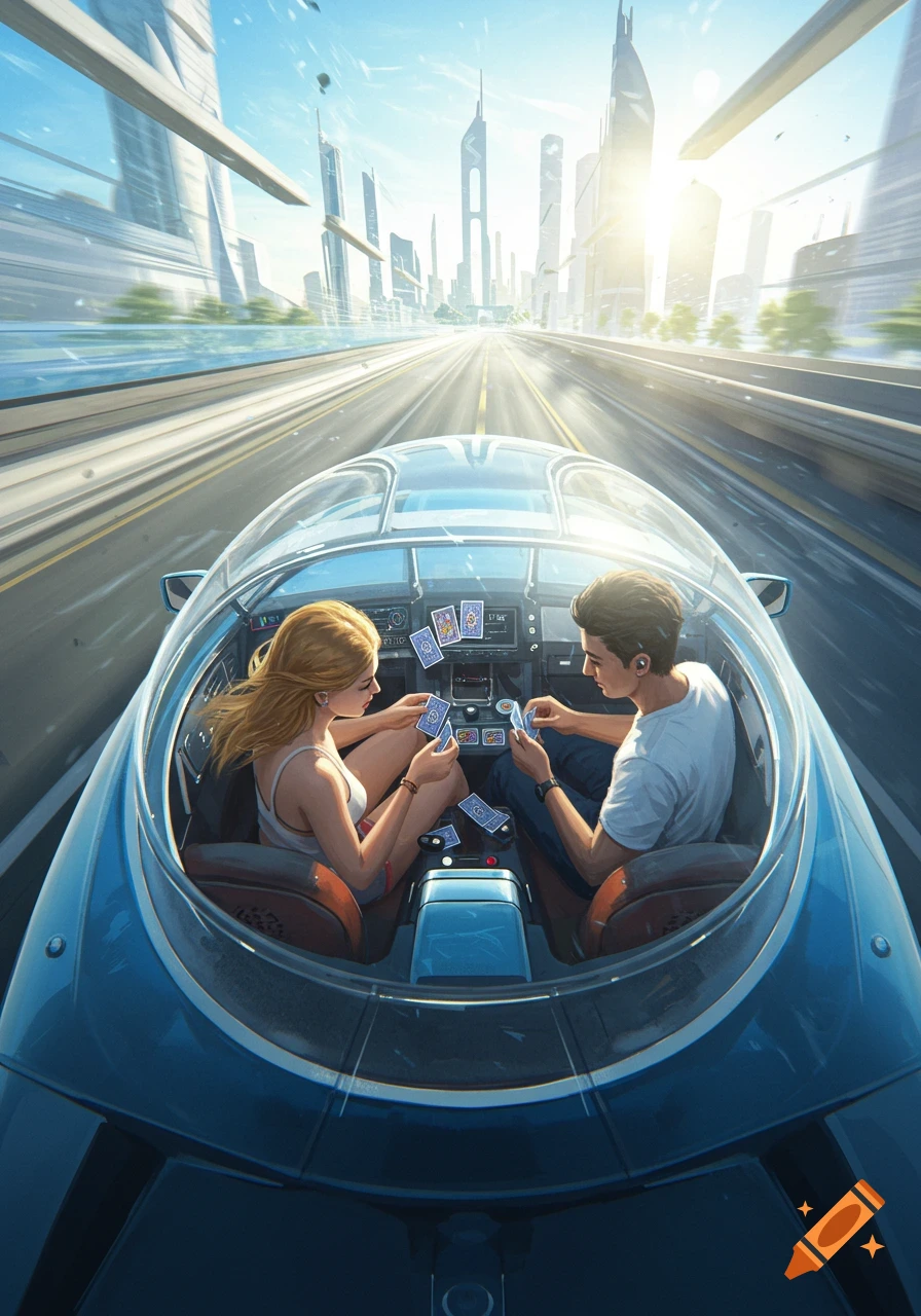 Overhead view of a man and woman playing cards in a futuristic glass-domed car speeding through a sunny, futuristic city.