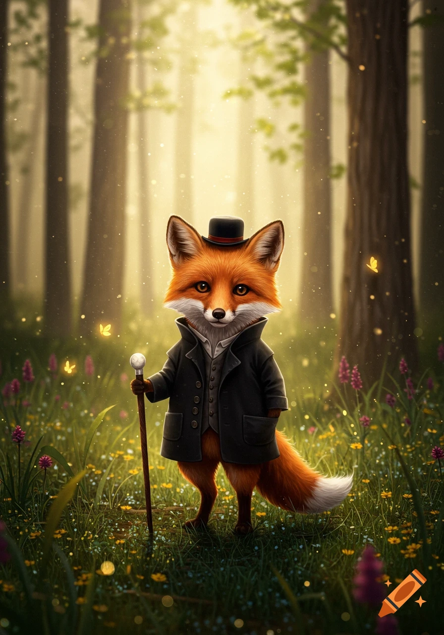 An anthropomorphic fox wearing a black suit and top hat, holding a cane, stands in a magical forest with glowing particles and wildflowers.