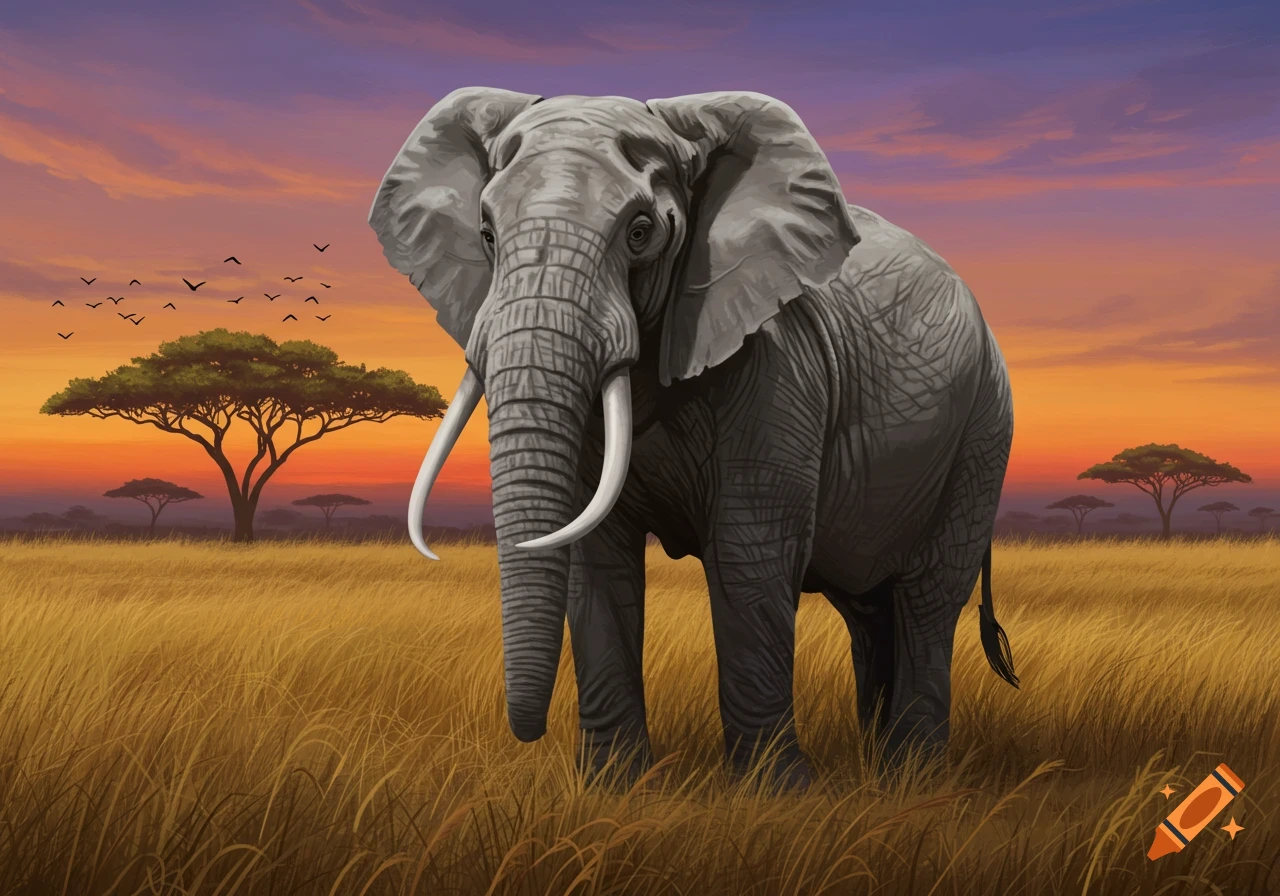 Illustrative painting of an elephant with tusks in a golden savanna at sunset, with distant acacia trees and flying birds.