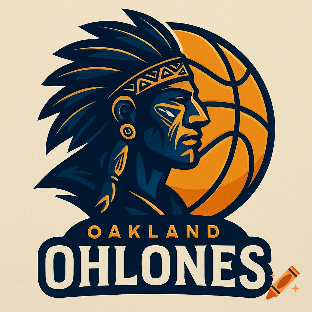 Stylized logo featuring a Native American chief in profile wearing a feathered headdress, with a basketball behind his head. Text reads 'OAKLAND OHLONES'.