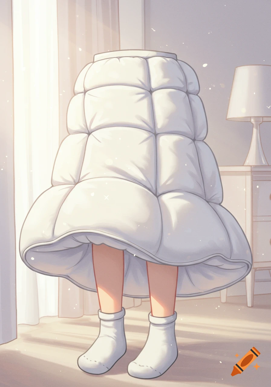 Whimsical illustration of a person's legs and white socks beneath a large, puffy white duvet shaped like a pleated skirt in a cozy room.