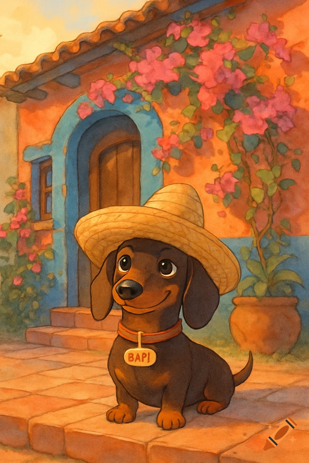 A cute cartoon dachshund wearing a sombrero and a name tag 'BAPI' in front of a colorful Mexican-style house with pink flowers.