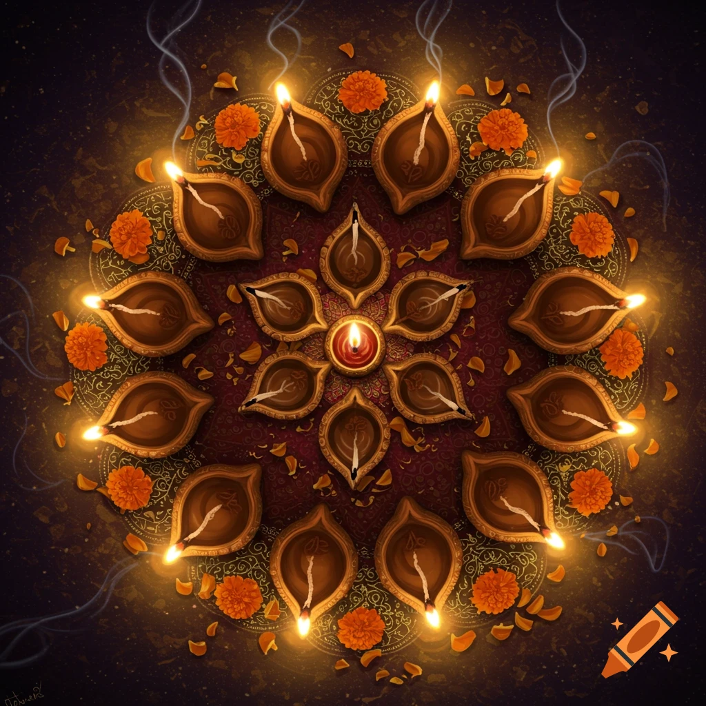 Top view of glowing Diwali oil lamps and orange marigold flowers arranged in a circular mandala pattern.