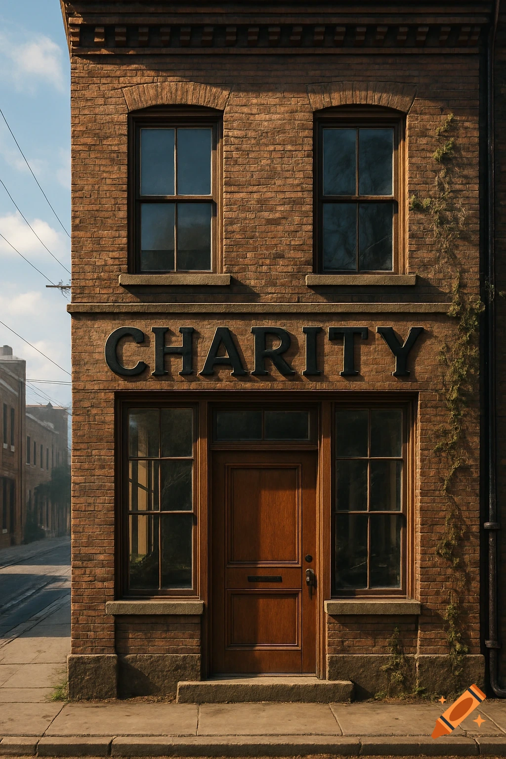 A photorealistic old brick building with a 'CHARITY' sign above a wooden door, on a city street.