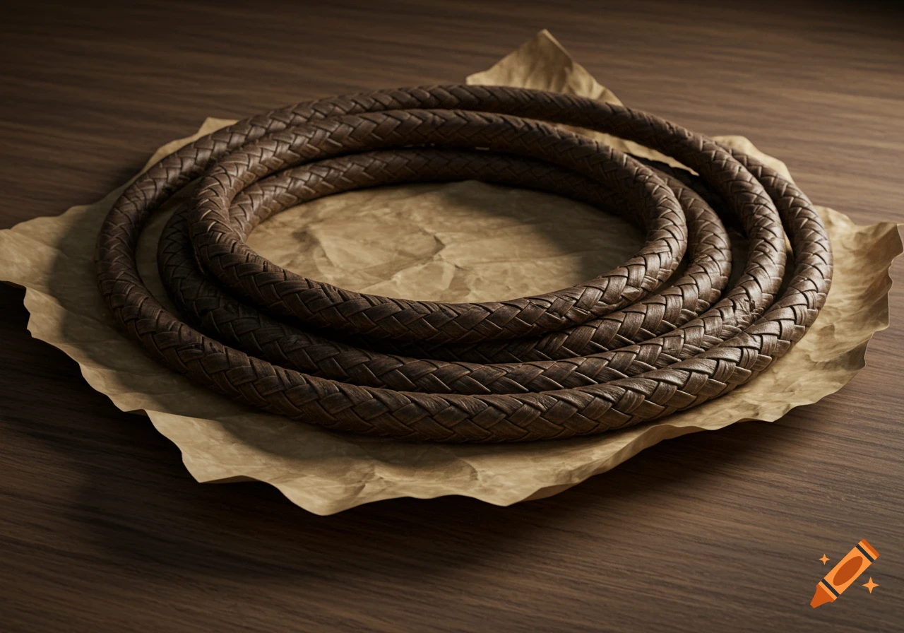 A dark brown braided leather rope coiled on crumpled light brown packing paper, set on a dark wooden surface.
