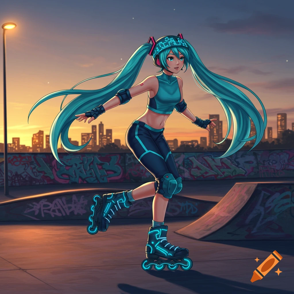 Anime Hatsune Miku in a sports outfit and helmet rollerblades in a skatepark at sunset, with a city skyline.