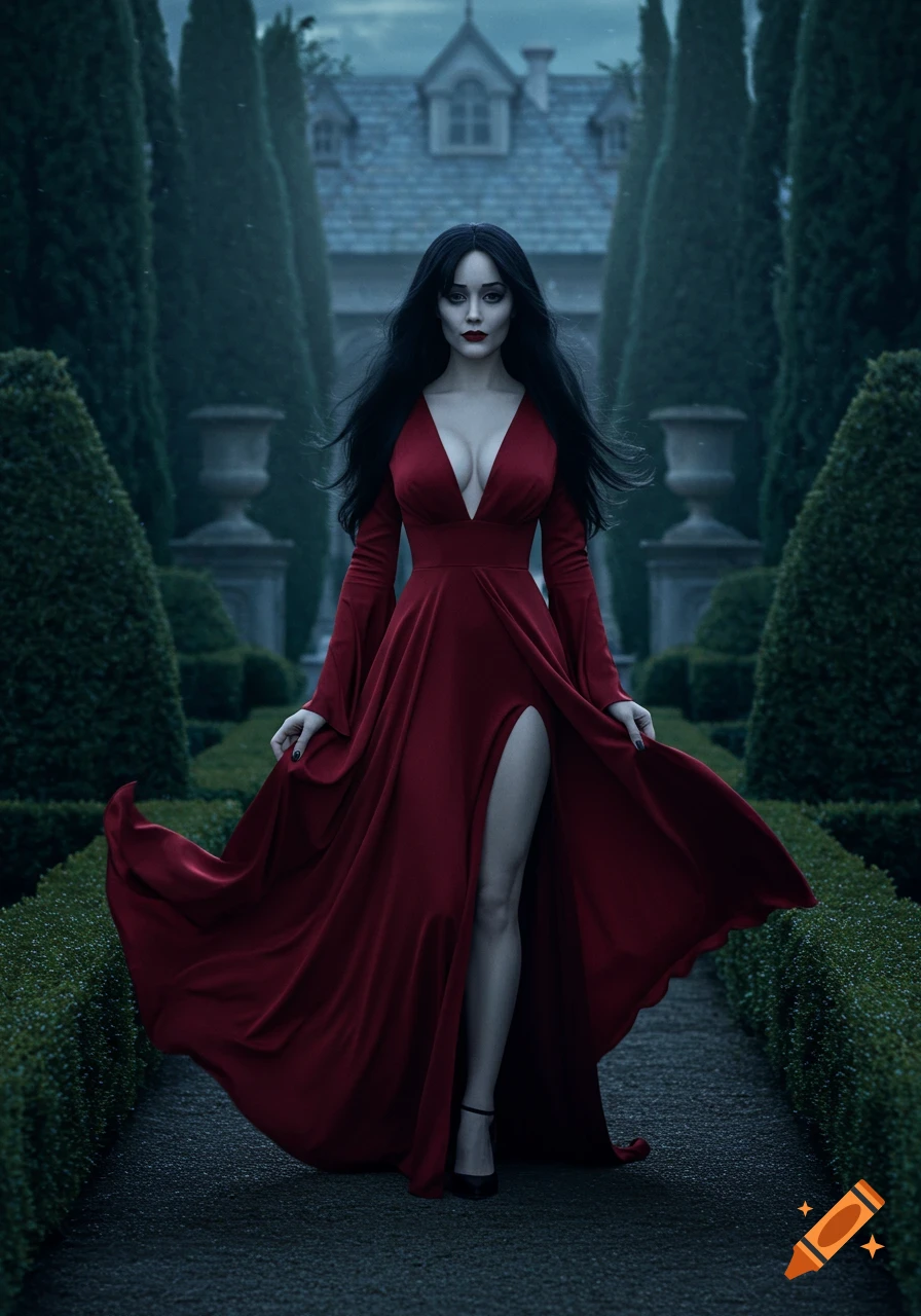 Morticia Addams-like woman in a flowing red dress with deep V-cut and high slit, standing in a dark, mysterious garden.