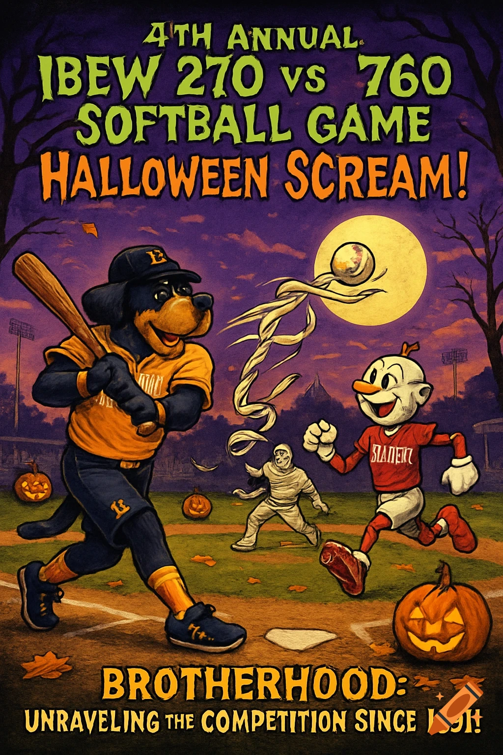A spooky Halloween softball game poster. A dog mascot swings a bat, while a cartoon character in red runs, with a mummy in the background, all under a full moon.