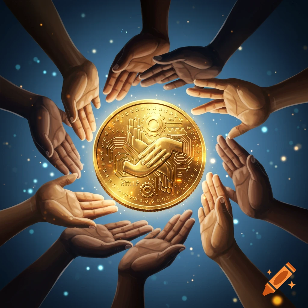 Multiple diverse hands reaching towards a glowing golden coin. The coin features circuit patterns and two hands shaking in its center, against a bokeh background.