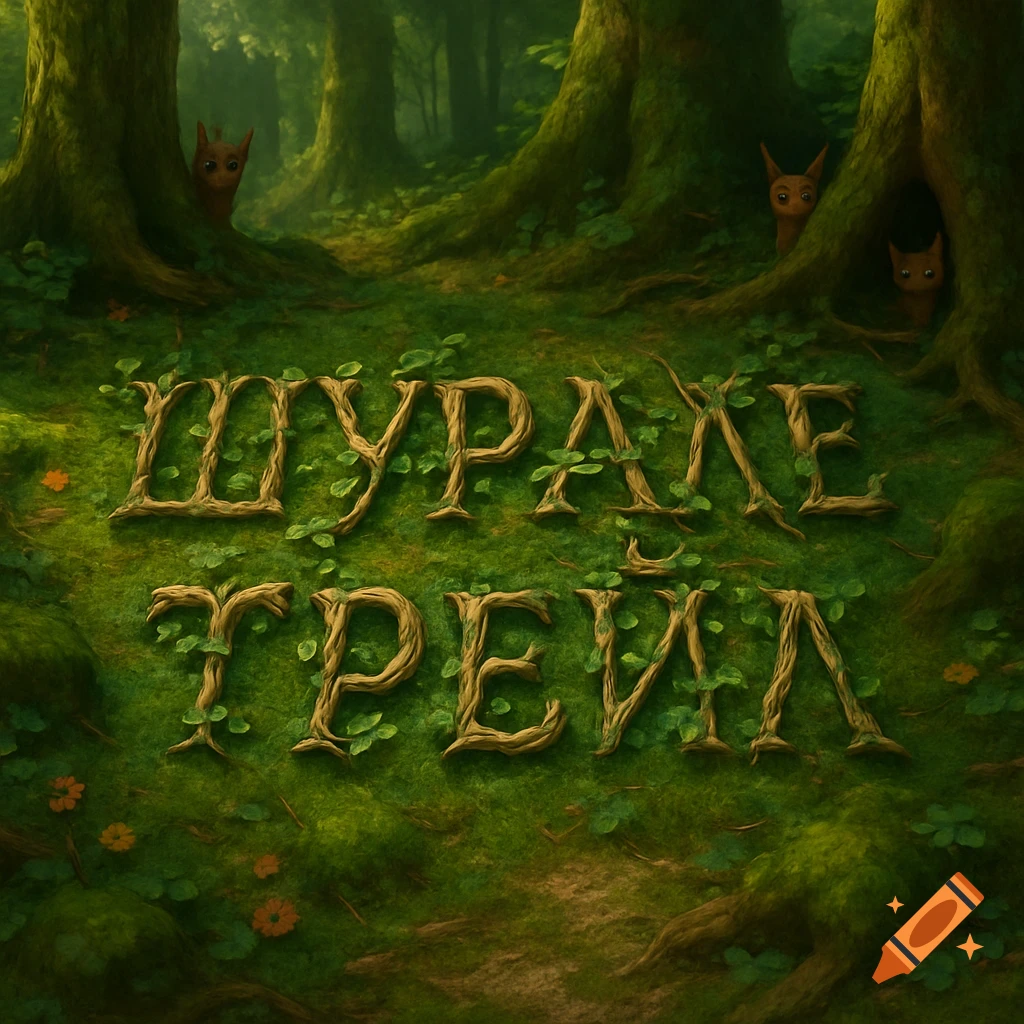 A dark, mossy forest with branch-like letters spelling "ШУРАЛЕ ТРЕЙЛ" on the ground, and small creatures peeking from trees.