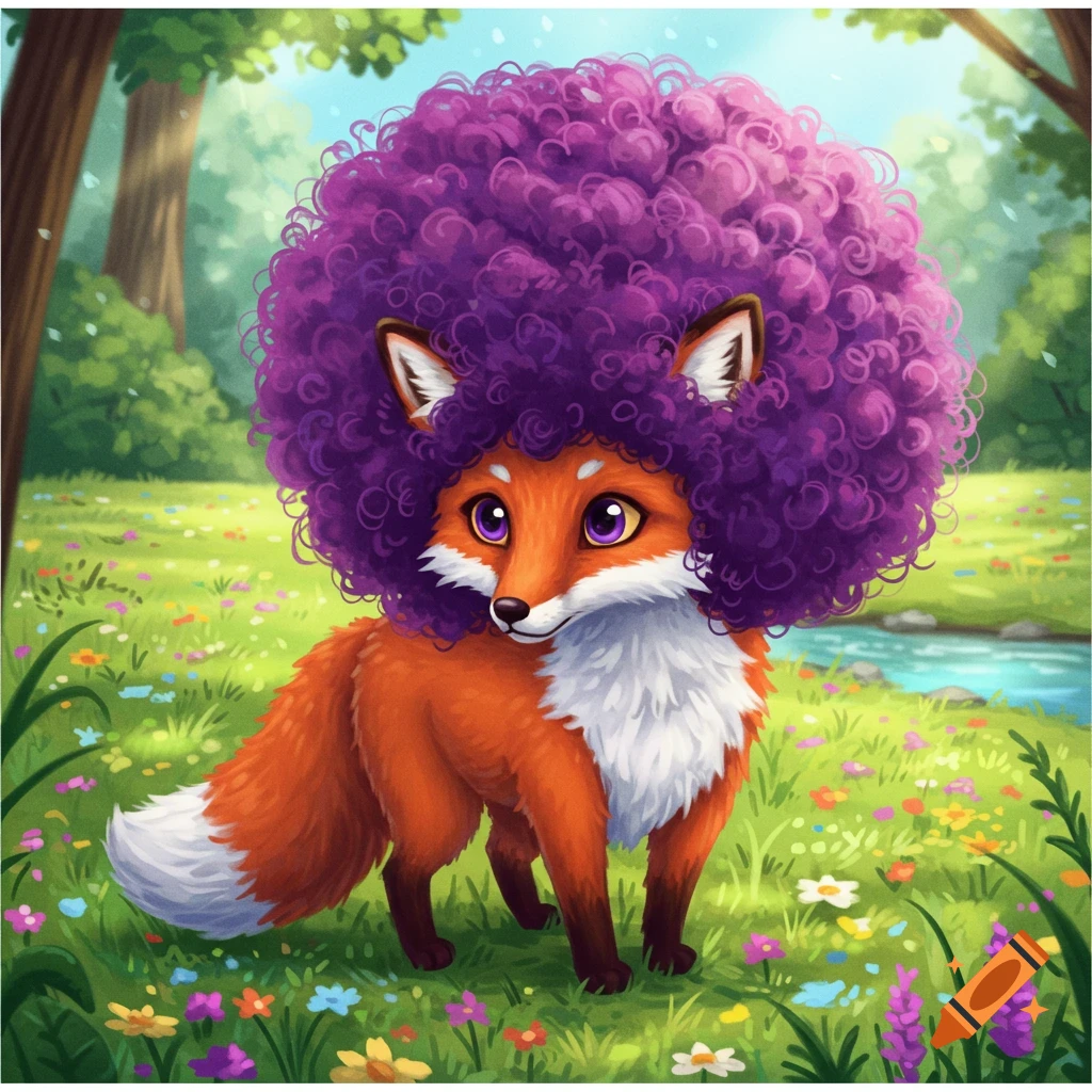 A cute cartoon fox with orange fur, a large purple afro, and purple eyes stands in a vibrant meadow with wildflowers.