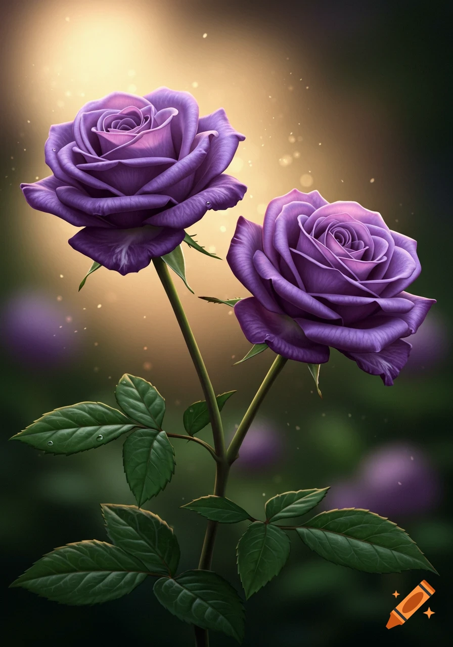 Two vibrant purple roses with green leaves on long stems, against a soft, glowing bokeh background.