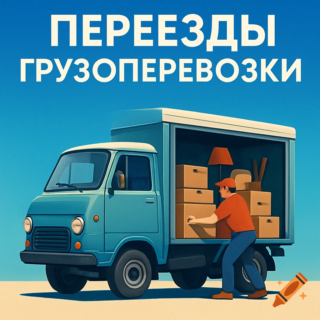 Illustrated moving truck with a person loading boxes. Russian text 'Moving, Cargo Transportation' on a blue sky background.