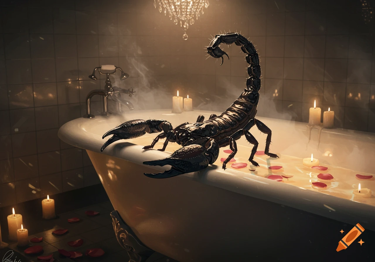 A large, dark scorpion stands on the edge of a bathtub filled with water, rose petals, and floating candles, under a crystal chandelier.