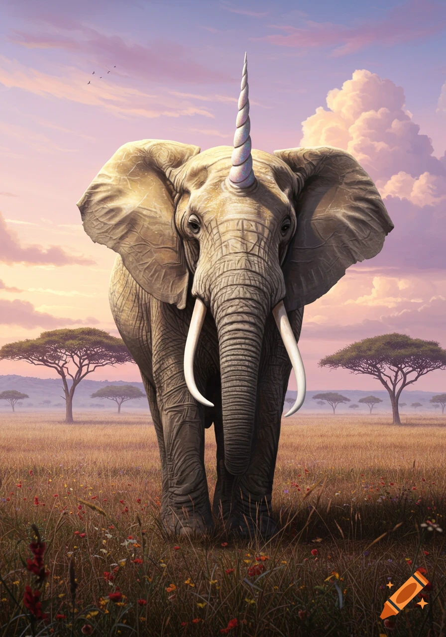 A photorealistic elephant with a spiral unicorn horn stands in a savanna field at sunset.