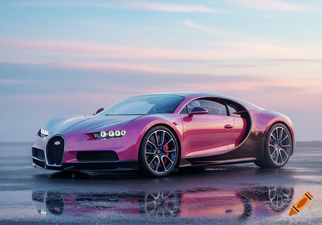 A photorealistic image of a vibrant pink/magenta Bugatti Chiron sports car parked on a wet surface, reflecting in the ground, beneath a pastel-colored sky.