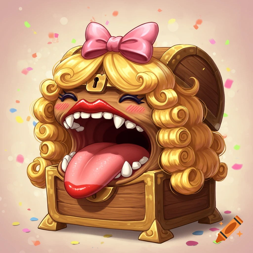 A cartoon fantasy mimic treasure chest with a blonde wig, pink bow, red lipstick, and a wide-open mouth with a long tongue.