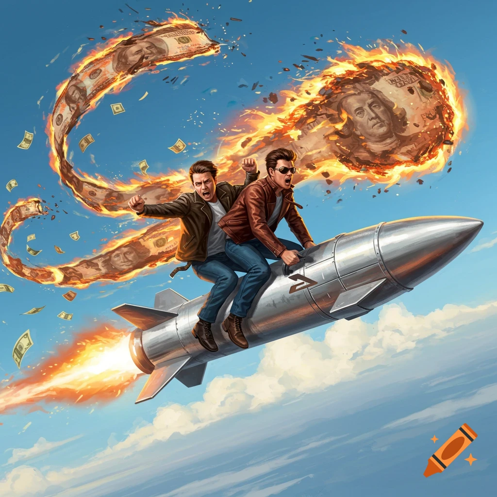 Two men ride a missile through a blue sky, leaving a trail of flaming money in this stylized illustration.
