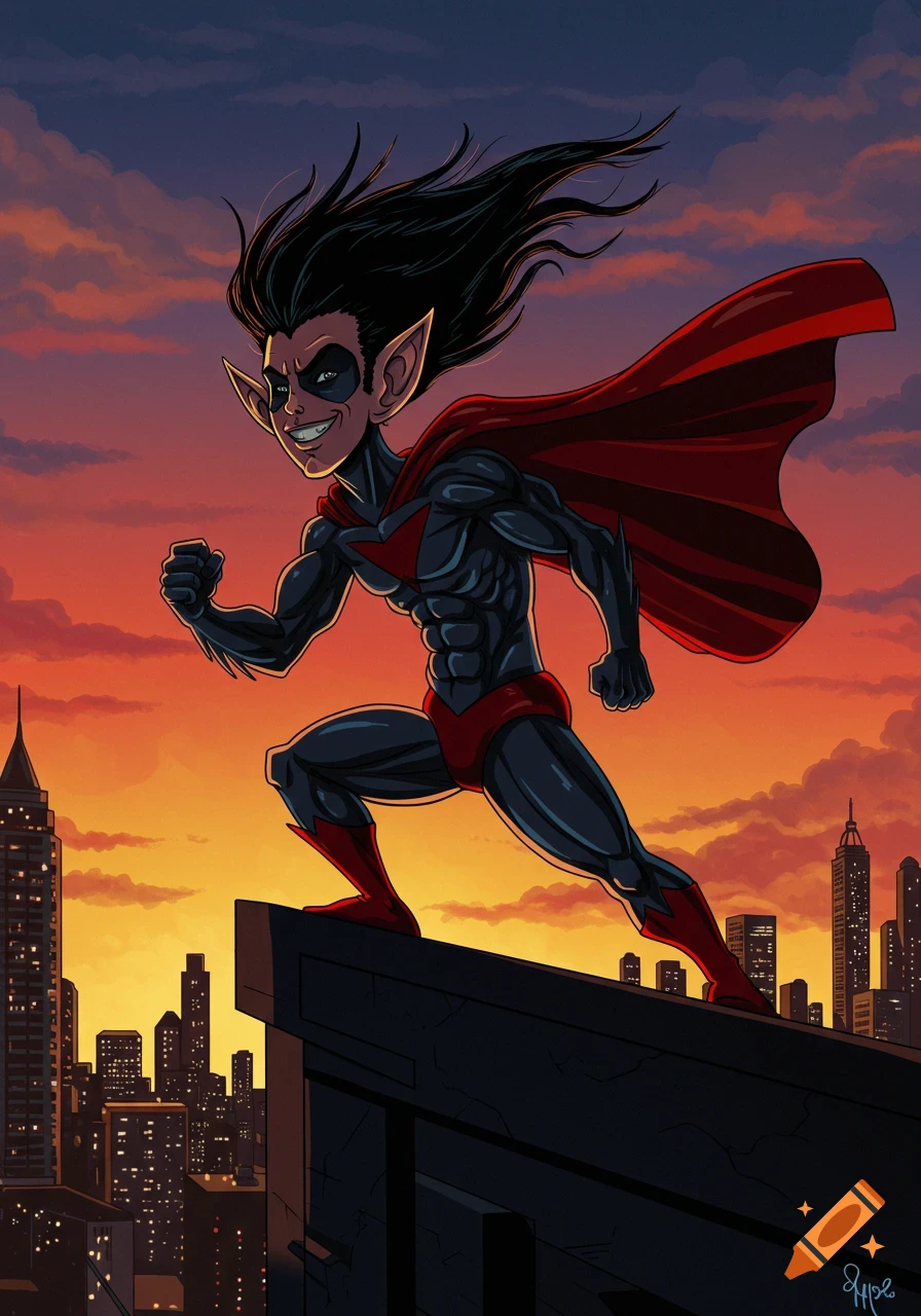 A cartoon superhero with big ears and black hair, wearing a black and red suit with a cape, runs across a rooftop at sunset with a city skyline in the background.