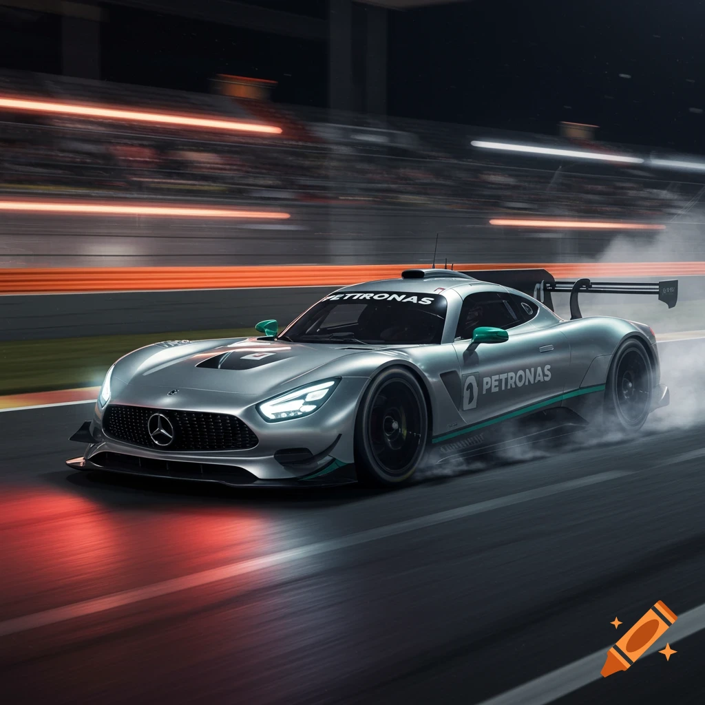 A silver Mercedes-Benz race car with green accents speeds on a track at night, leaving a trail of smoke.