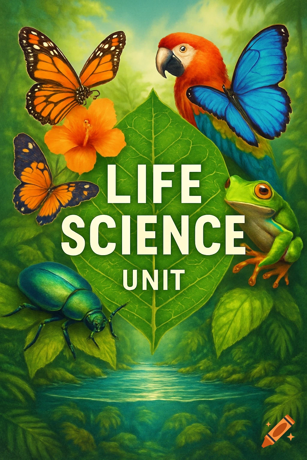 A vibrant illustration of a jungle with a monarch butterfly, blue butterfly, parrot, frog, beetle, and hibiscus surrounding a large leaf with "LIFE SCIENCE UNIT" text.