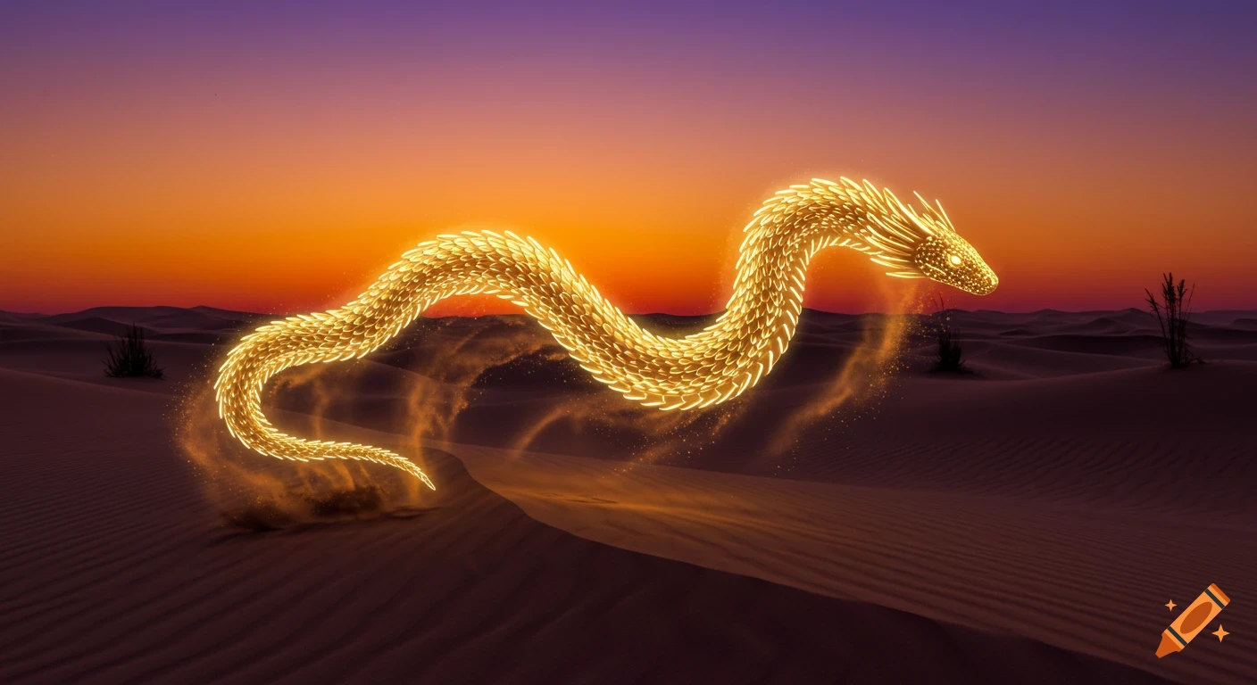 A glowing golden-scaled desert serpent hovers above sand dunes against a vibrant sunset sky.