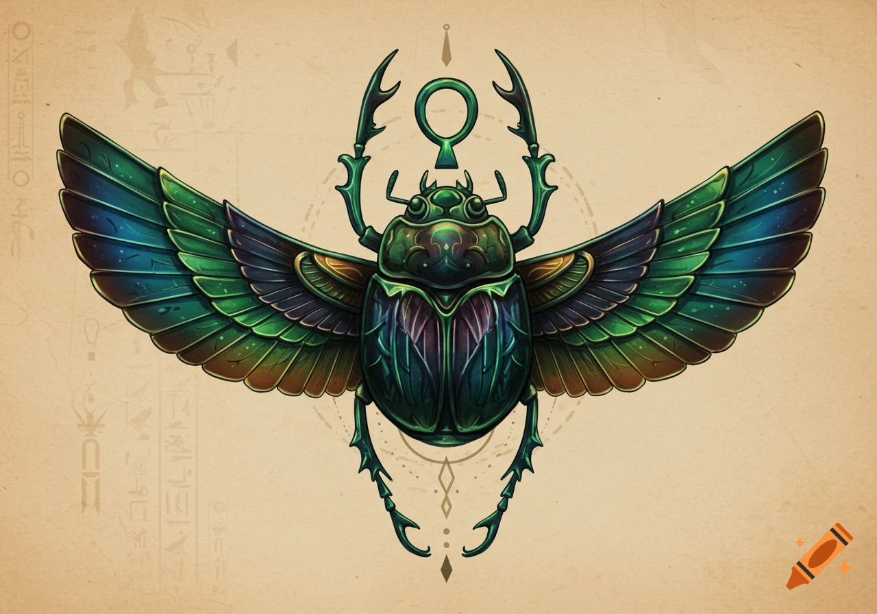 A vibrant, stylized scarab beetle with green and blue wings, an ankh symbol, and faint hieroglyphs on a parchment background.