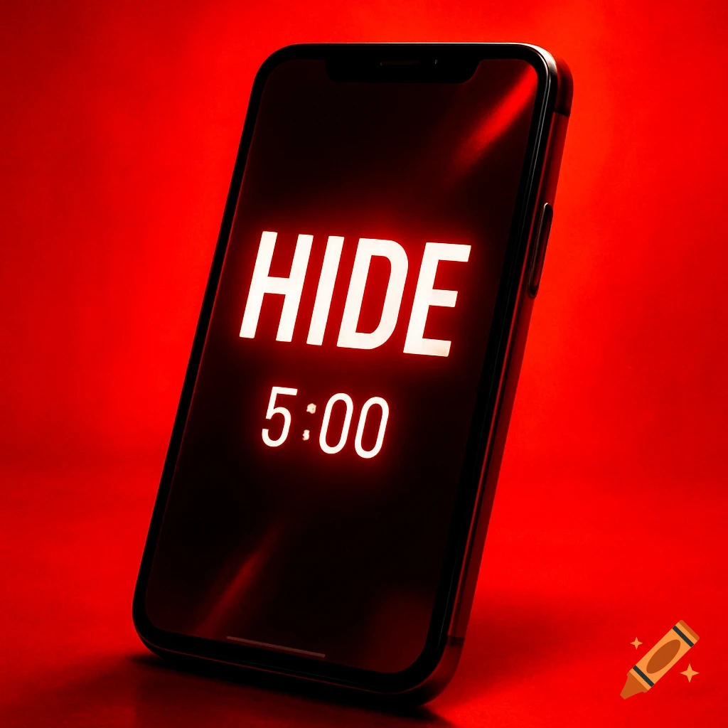 A photorealistic smartphone displays 'HIDE' and '5:00' glowing white text on a black screen, against a vibrant red background.