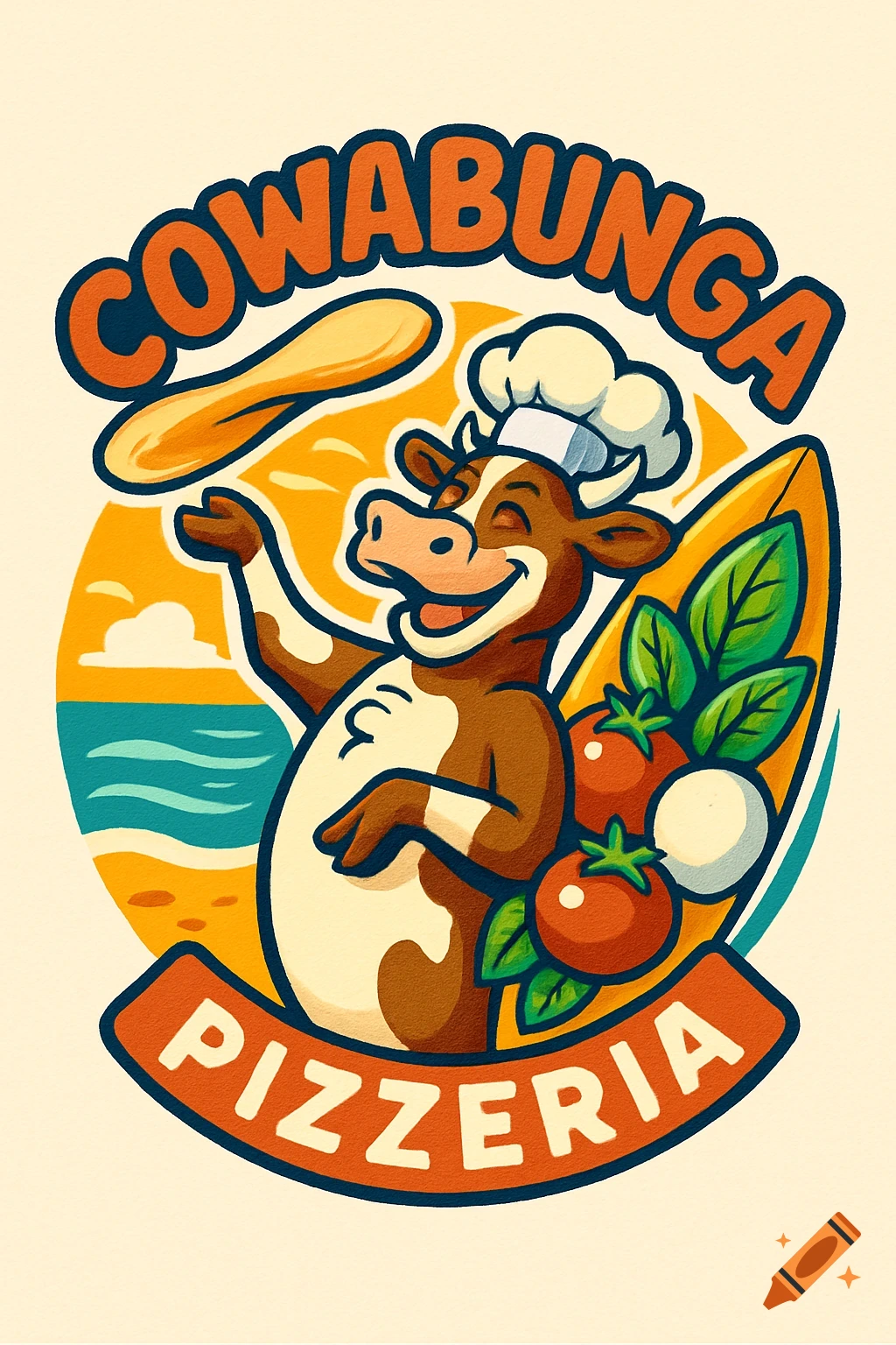 A retro cartoon logo of a smiling cow chef on a beach, with pizza ingredients and text 'COWABUNGA PIZZERIA'.