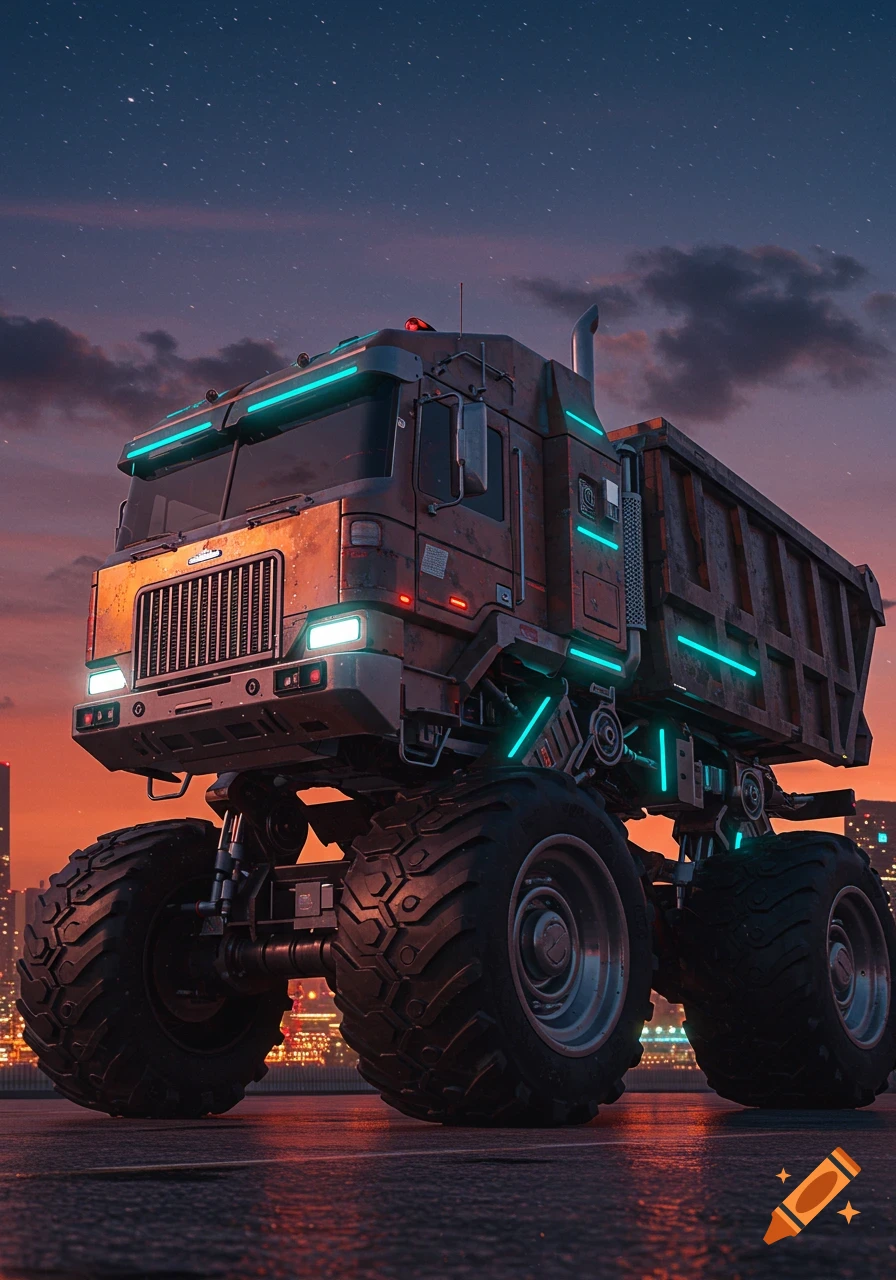 A large, weathered futuristic dump truck with teal neon lights stands on a road overlooking a city at dusk under a starry sky.