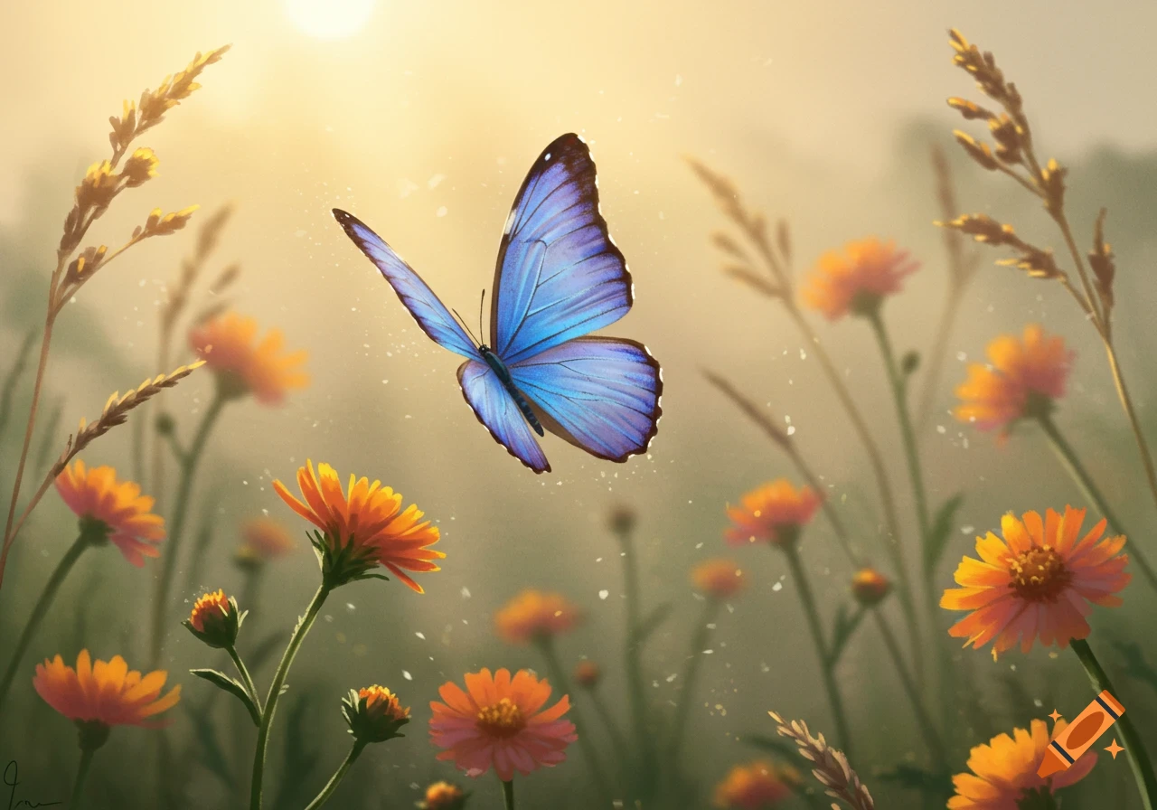 A vibrant blue butterfly with purple-edged wings flies above orange wildflowers and tall grass in a sunlit field.