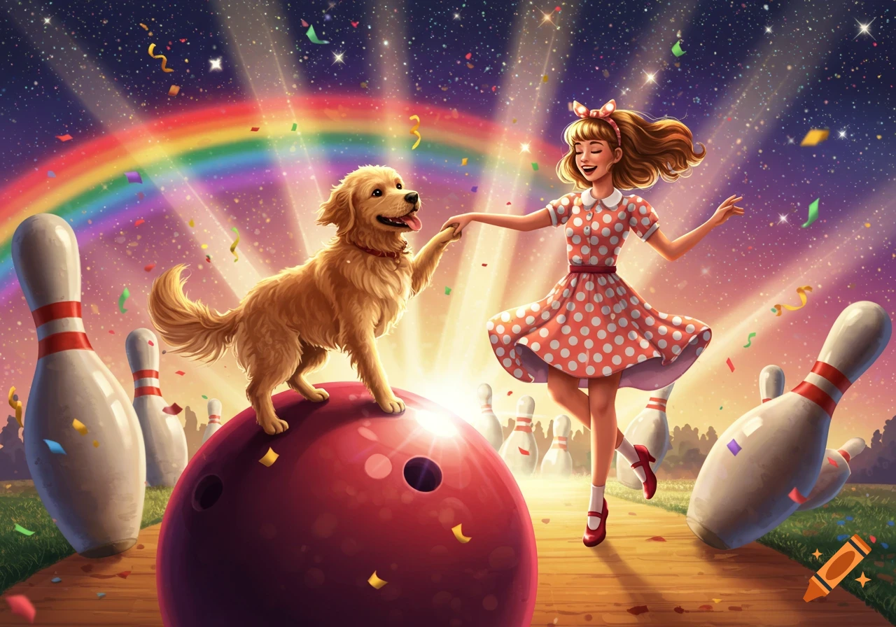 Whimsical illustration of a woman in a polka dot dress and a golden retriever dancing on a bowling ball under a rainbow and stars.