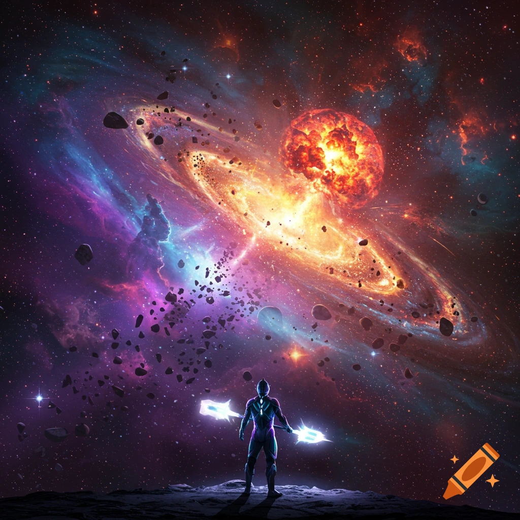 A heroic figure stands on a rocky planet, gazing at a vibrant galaxy with a large explosion and asteroids.