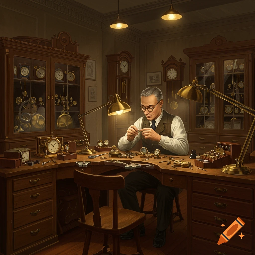 An older man with glasses diligently repairs a watch at a workbench filled with tools and clocks in a warmly lit, antique-filled workshop.