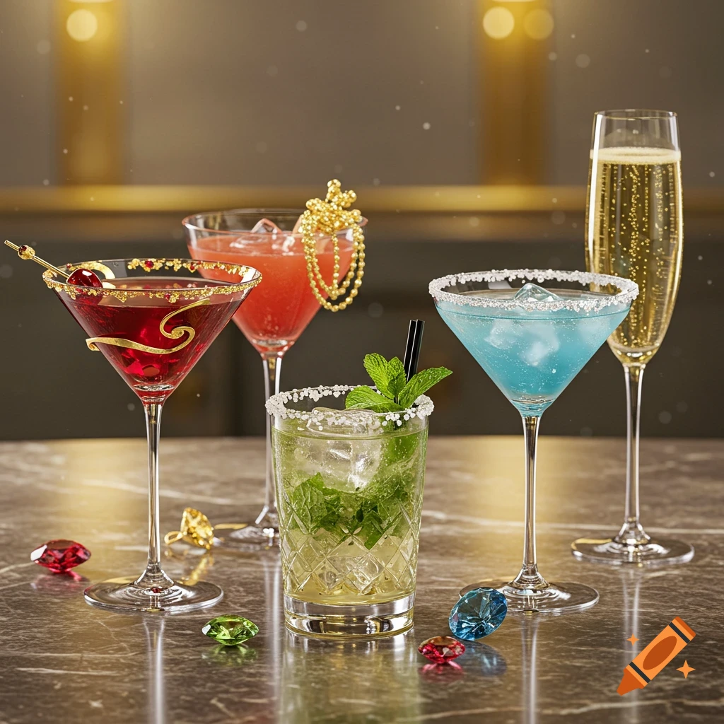 Photorealistic cocktails in various glasses, garnished with jewels and gold accents, on a marble bar top.