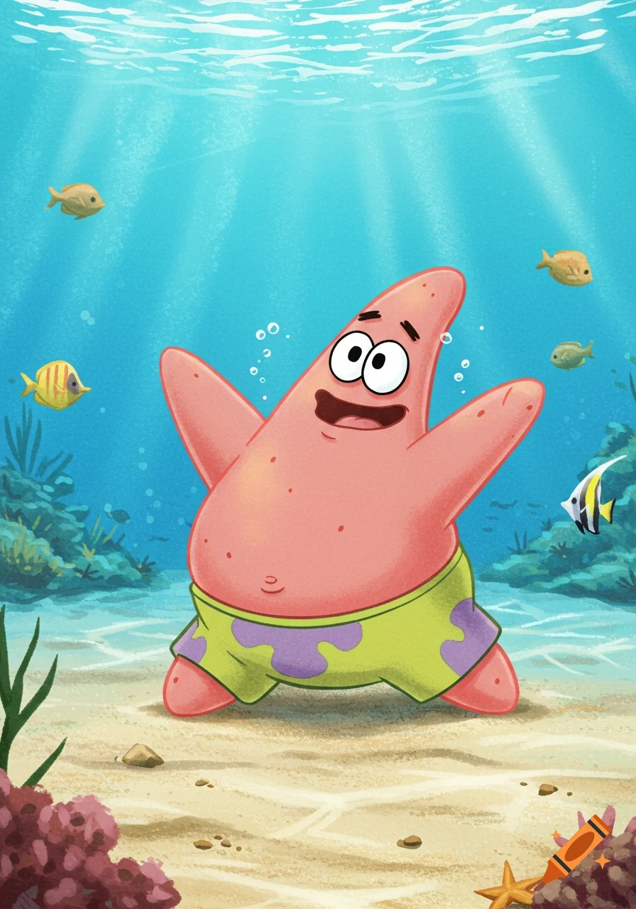 Cartoon of Patrick Star from SpongeBob SquarePants happily standing on the ocean floor surrounded by fish and coral.