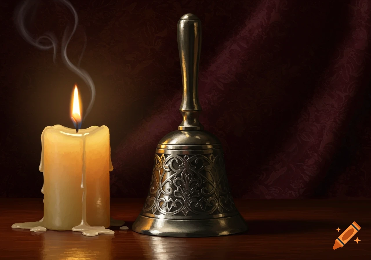 A burning candle with melting wax next to an ornate silver handbell on a wooden table, with a dark red patterned background.
