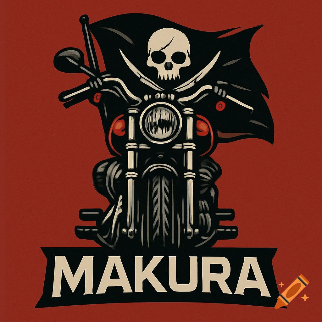 Stylized logo of a motorcycle with a pirate flag featuring a skull and crossbones behind it, and 'MAKURA' text below, on a red background.