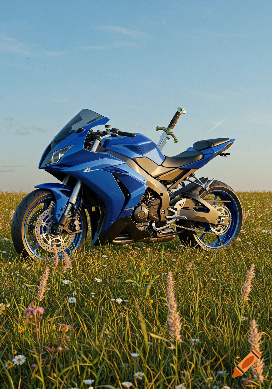 A blue sport motorcycle with a decorative sword leaning on its seat, parked in a sunny field of green grass and wildflowers under a blue sky.