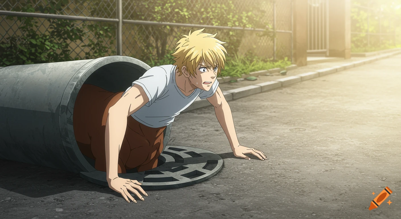 A blonde anime centaur struggles to pull his brown equine body out of a sewer pipe and through a manhole onto a street.