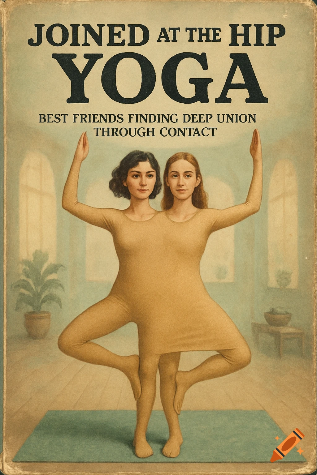 Vintage poster advertising 'Joined at the Hip Yoga' with two women conjoined in a single bodysuit, posing on a yoga mat.