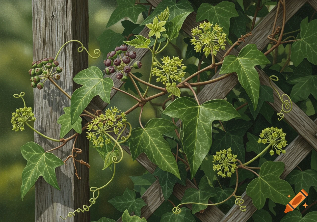 Detailed botanical painting of vibrant green ivy leaves, light green flowers, and reddish-purple berries on a wooden trellis.