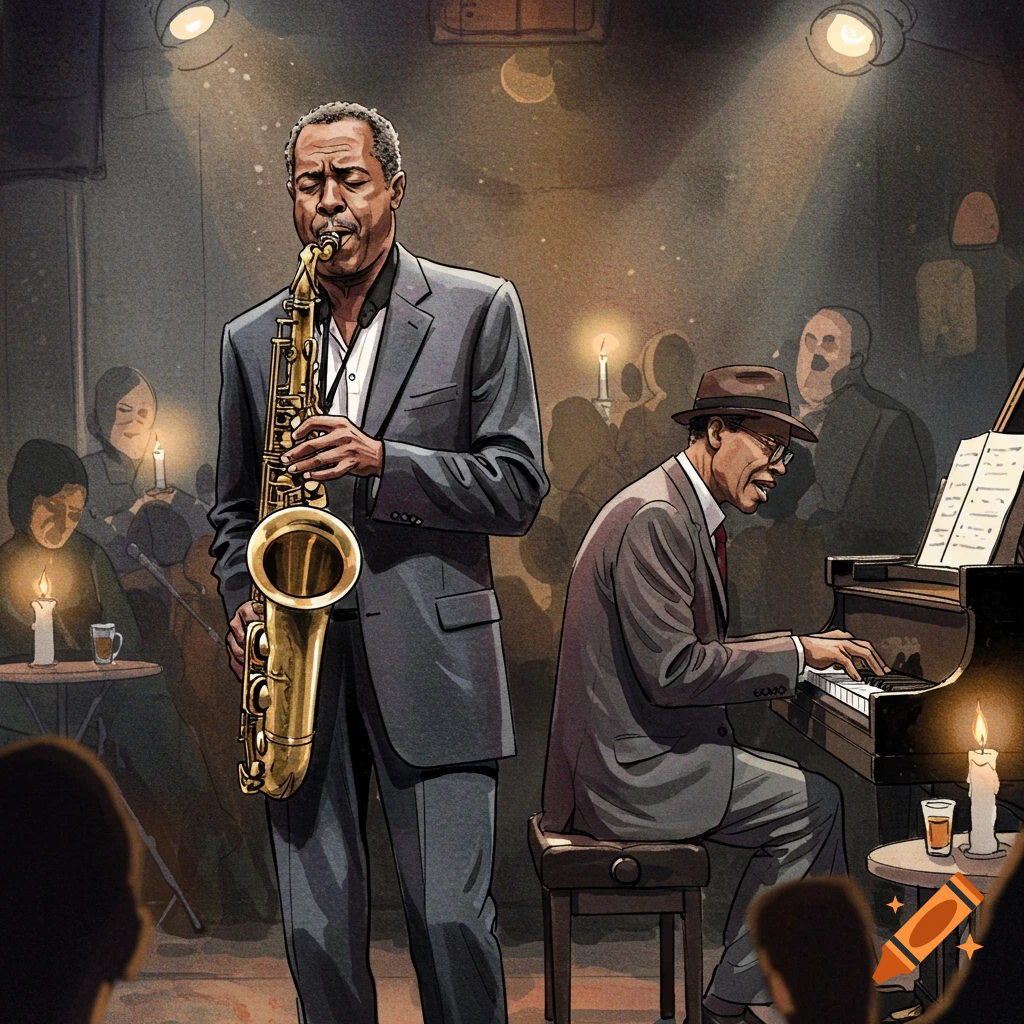 An illustrated scene of two jazz musicians, a saxophonist and a pianist, performing in a dimly lit club with an audience.
