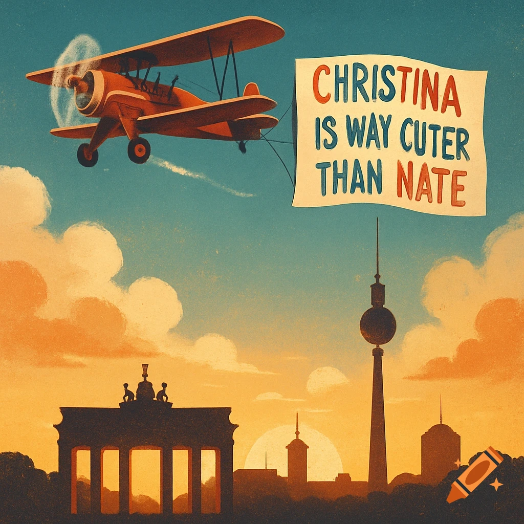 A vintage biplane flies over the Berlin skyline at sunset, dragging a banner that reads "Christina is way cuter than Nate".