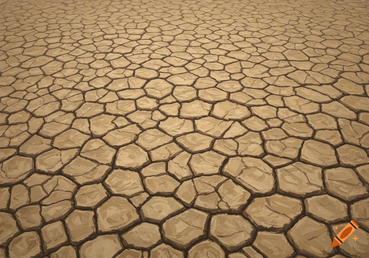 Stylized illustration of cracked, dry desert earth with a muted, patterned texture.