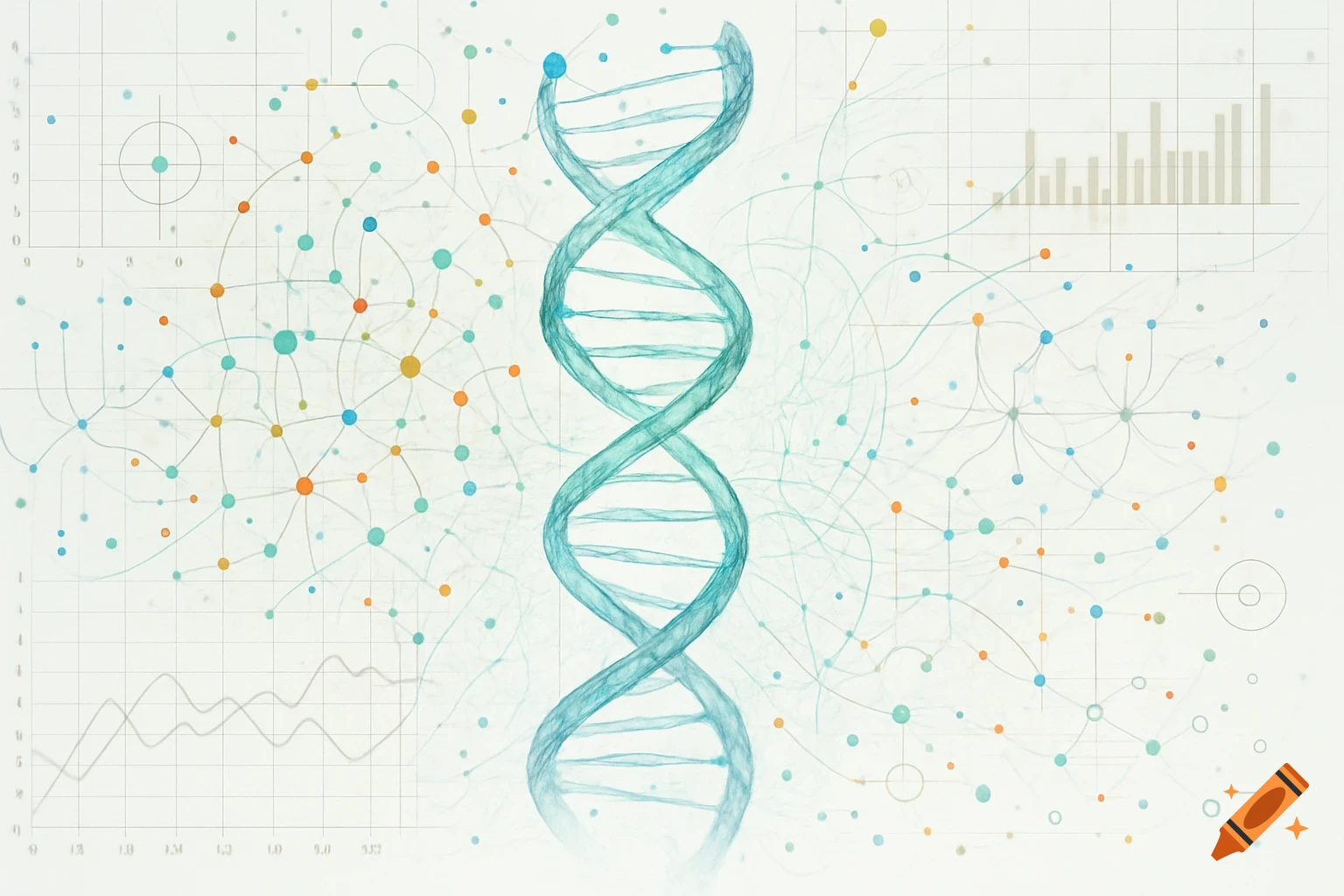 A blue-green DNA helix surrounded by interconnected colorful data points and abstract scientific graphs on a grid background.